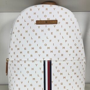 Tommy Hilfiger Monogram Backpack | White/Tan | NWT | Front Zip Pocket
